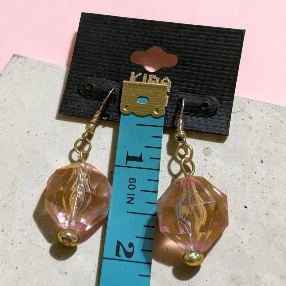 Kira Kira Pink Faceted Bead Dangle Earrings, Gold Tone Drop Earrings, Y2K Look